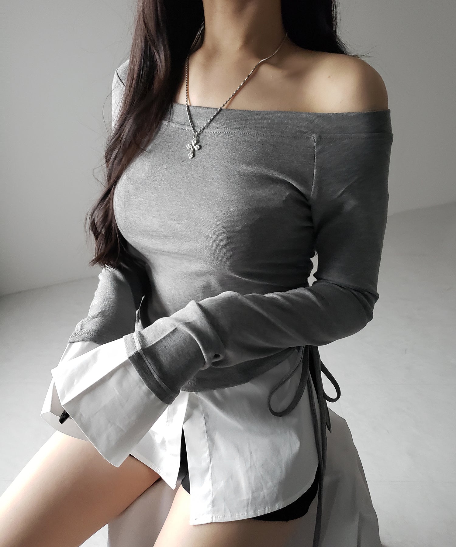 【 2WAY 】シャツドッキングサイドリボンワンショルトップス /shirt docking side ribbon oneshoulder tops