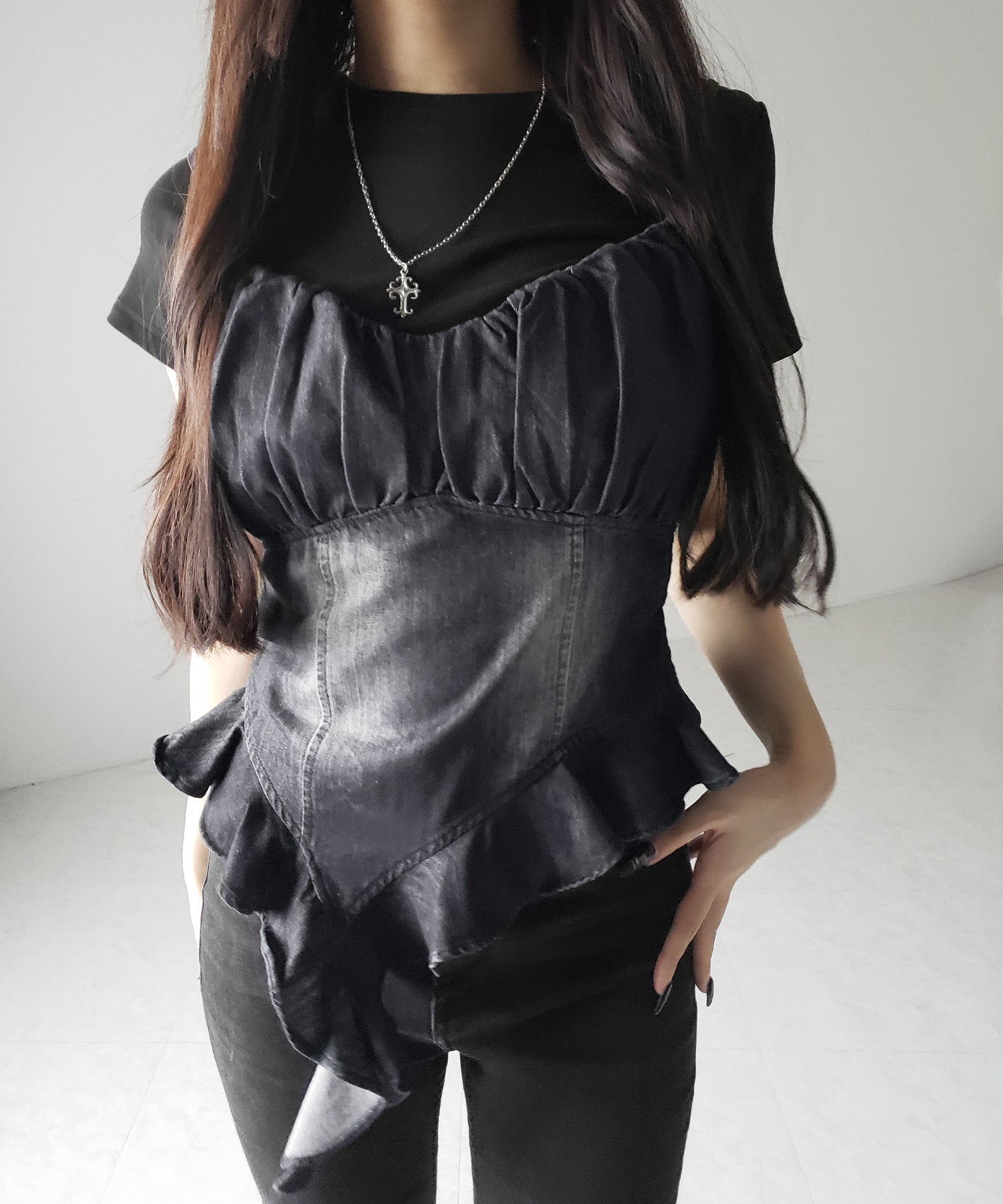 【 2点セット 】ヴィンテージデニムビスチェ & 半袖レイヤードTシャツセット / vintage denim bustier & short sleeve layered T-shirts set