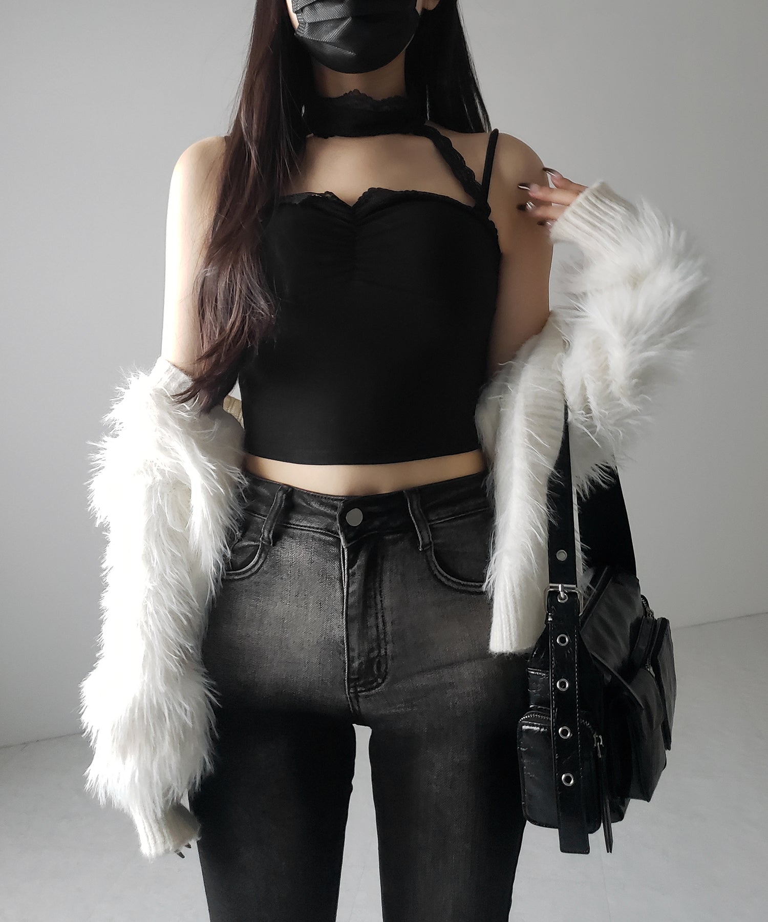 【 カップ付 】レースチョーカーストラップリブキャミソール / lace choker strap lib camisole