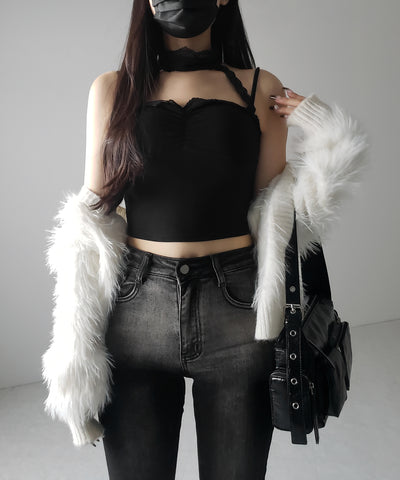 【 カップ付 】レースチョーカーストラップリブキャミソール / lace choker strap lib camisole