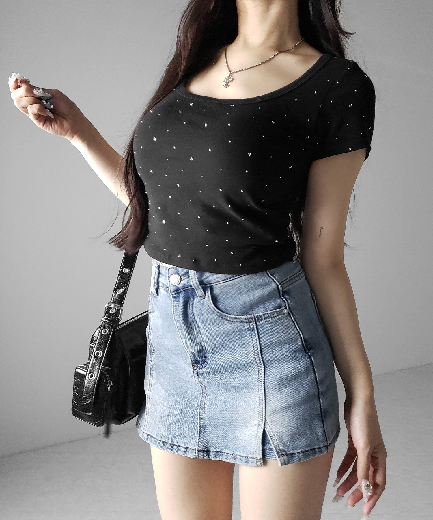 ミニスリットストレッチレイヤードデニムミニスカパン / mini slit stretch layered denim mini skirt pants