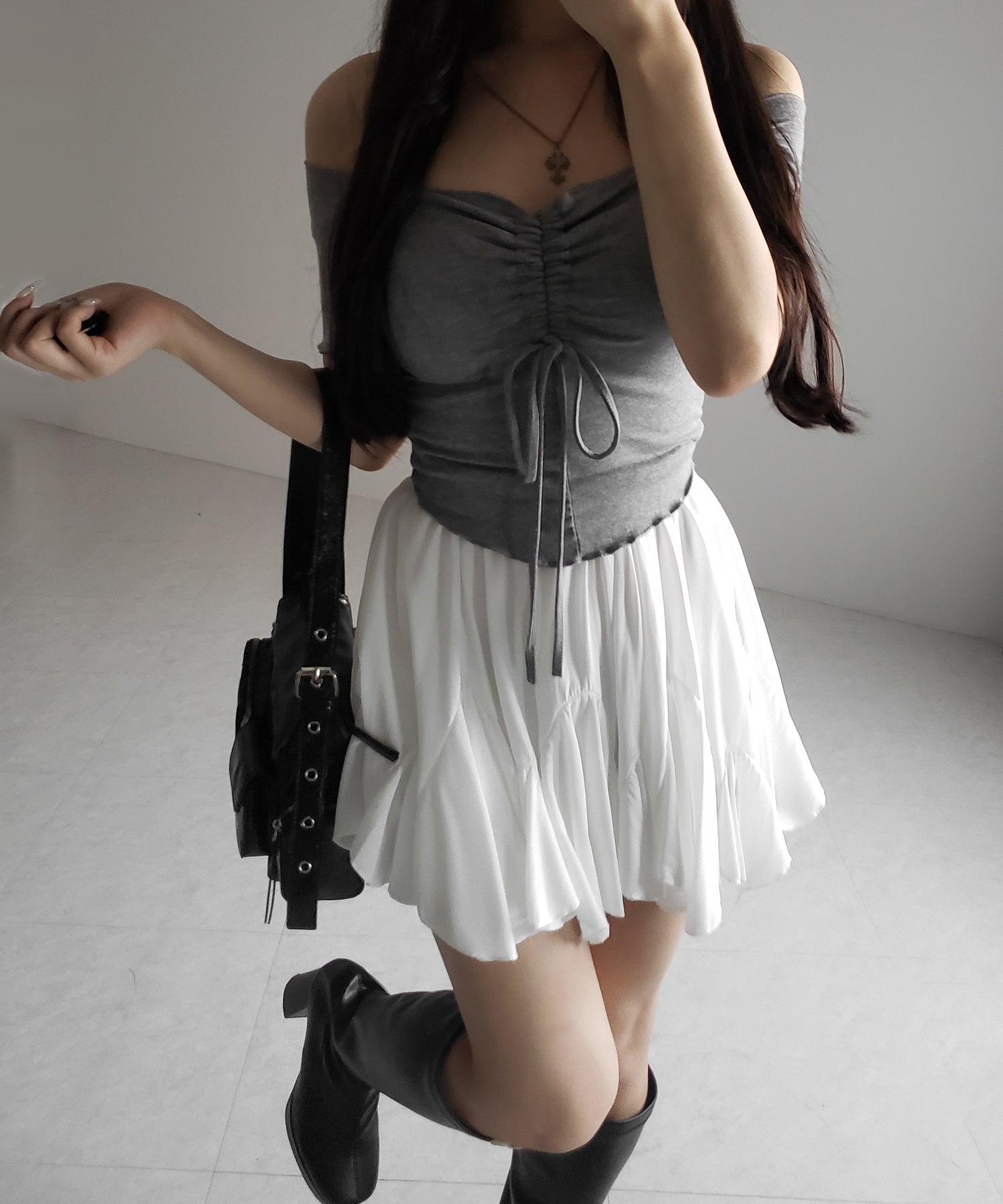 【 2color /インパン裏地付き 】ハイウエストドレープフレアミニスカート / high waist draped flare mini skirt