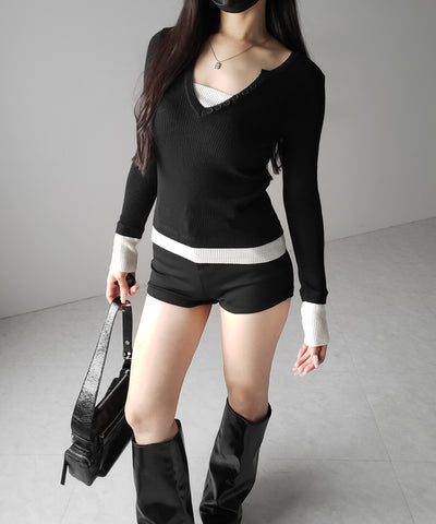 フェイクレイヤードスリムリブニットトップス / Fake layered slim rib knit tops