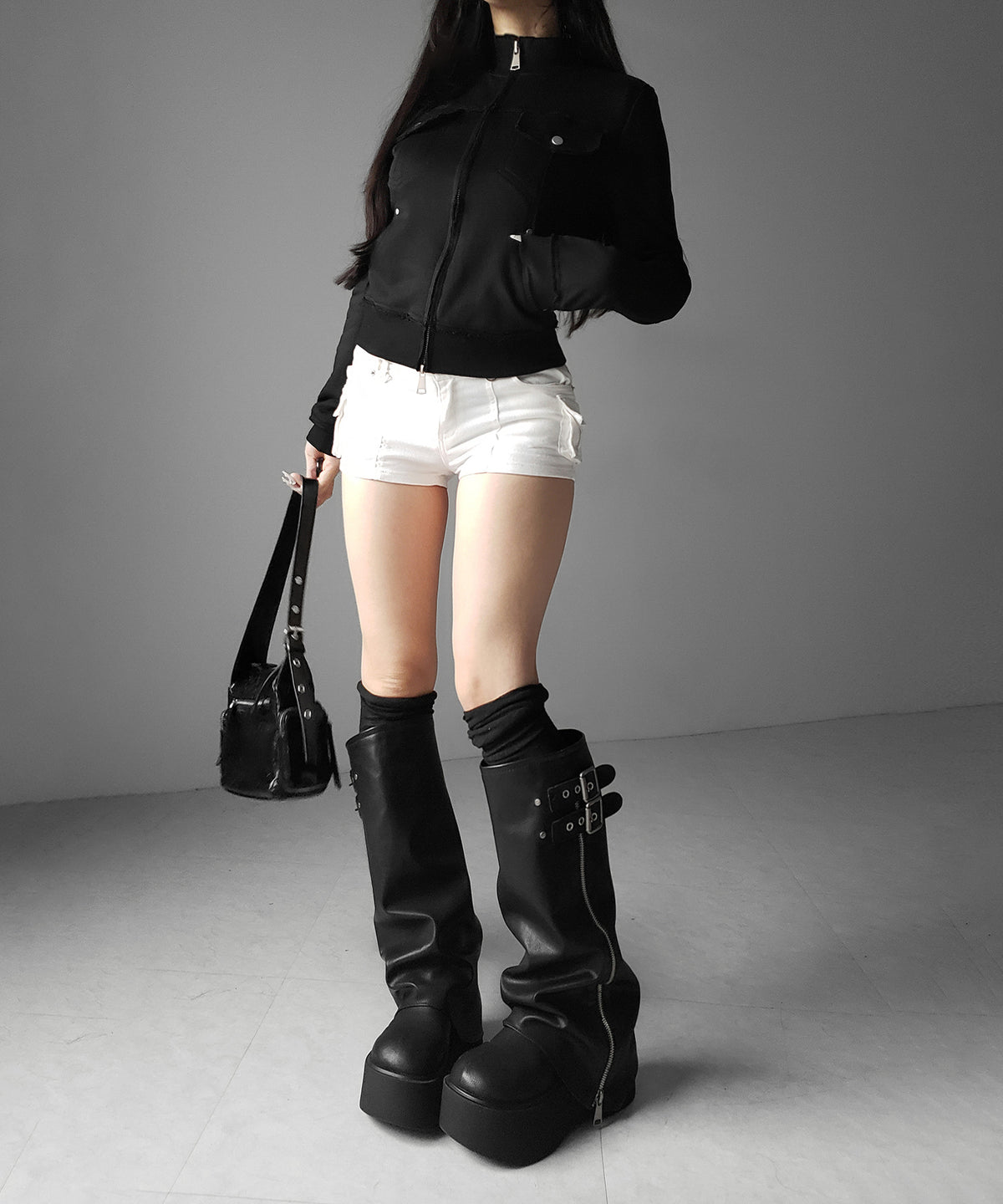 ダブルジップアウトポケット裏毛スリムジャケット / Double-zip outer pocket sweat slim jacket