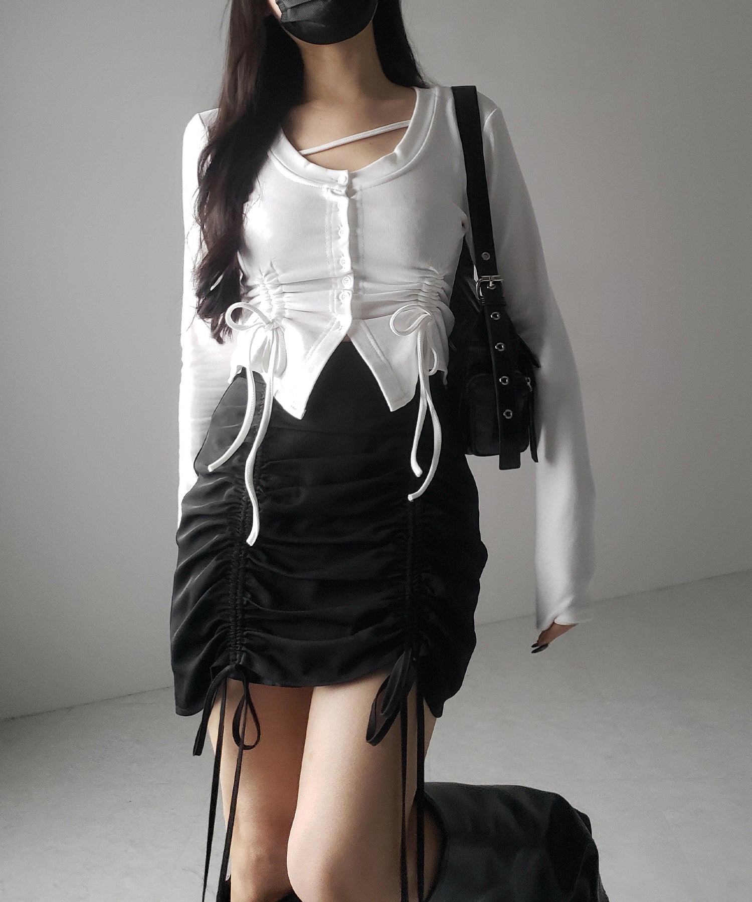 【 2color / 裏起毛 】ナナメストラップダブルシャーリングリボントップス / naname strap double shirring ribbon tops