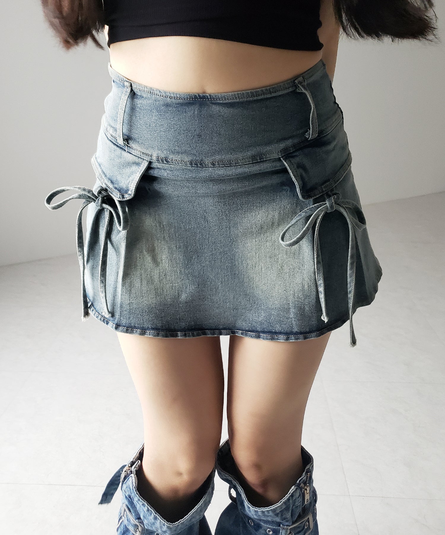 【 2color / 3size 】ヴィンテージライクリボンデニムミニスカパン / vintage like ribbon denim mini skirt pants