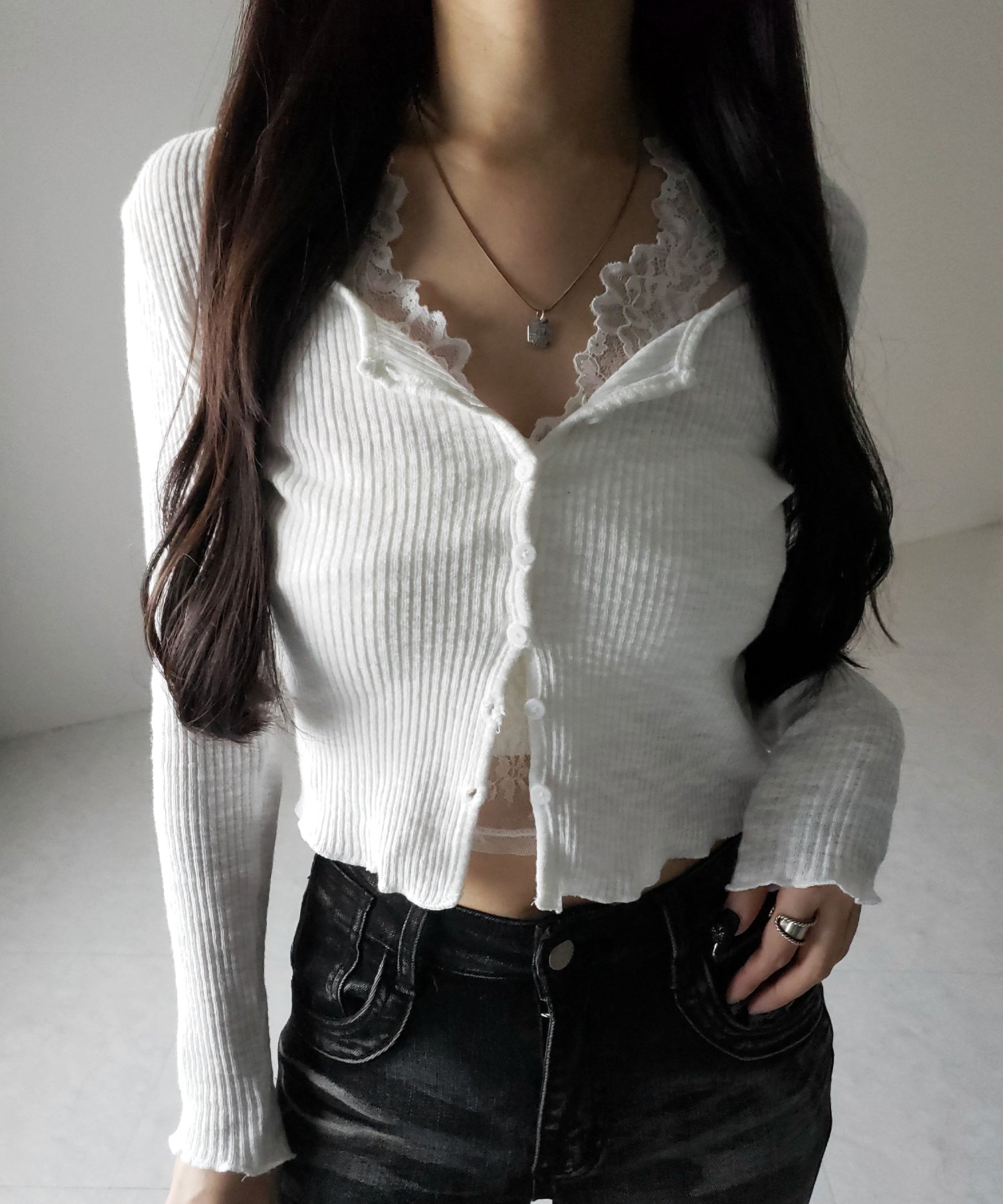 【 2点セット 】レイヤードレースシアーリブカットソーカーディガン / layered lace sheer rib cut and sew cardigan