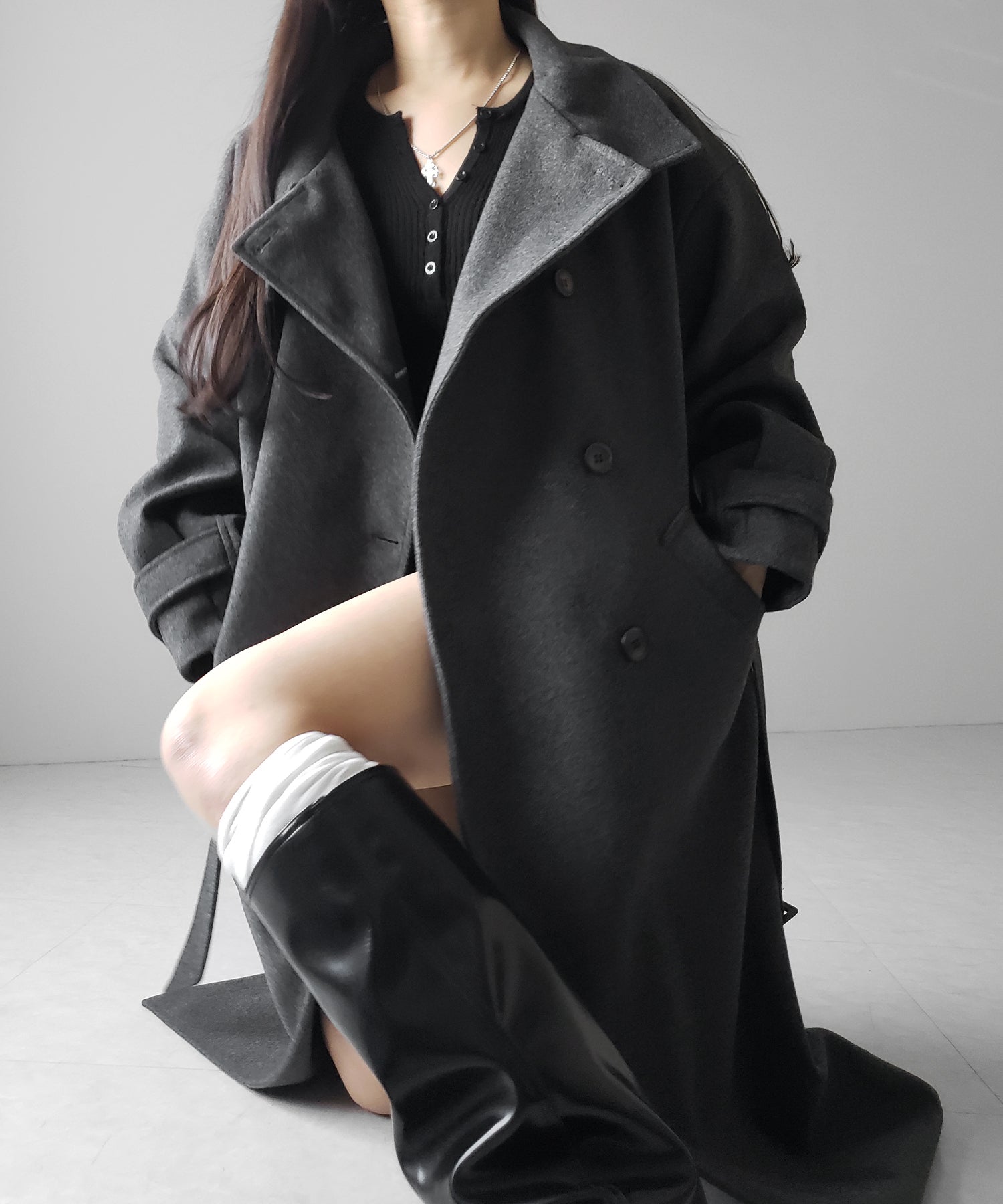 【 ウエストマークベルトSET 】2WAY スタンドカラーレディメルトントレンチロングコート / 2WAY stand collar lady melton trench long coat