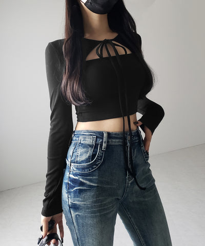 【 2WAY / 裏起毛 】フロントリボンカットアウトドッキングショートトップス / front ribbon cutout docking short tops