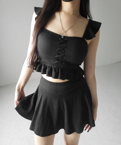 【 レディース水着/2点セット 】レースアップショルダーフリルハイウエストフレアビキニ / lace-up shoulder frill high waist flare bikini