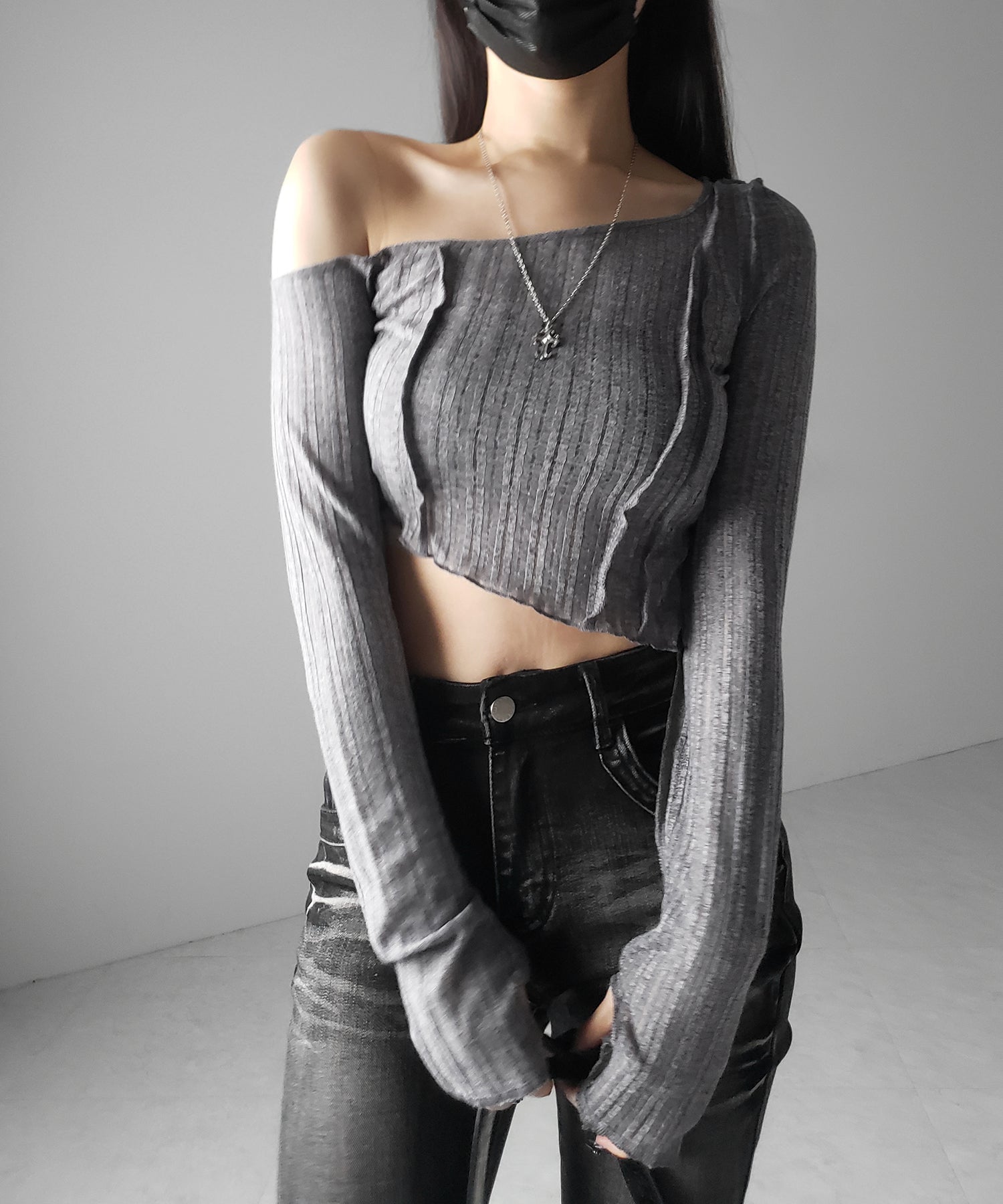 アウトステッチワンショルシアーリブカットソートップス / outstitch one shoulder sheer rib cutsew tops