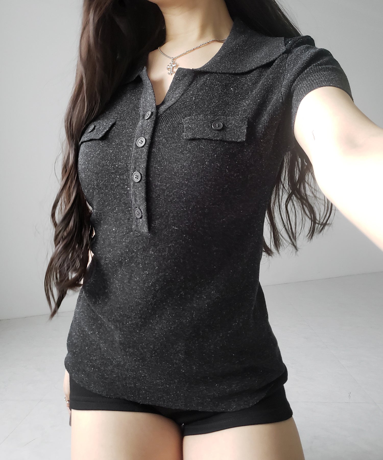 スキッパーボタンロングシアーニットトップス / skipper button long sheer knit tops