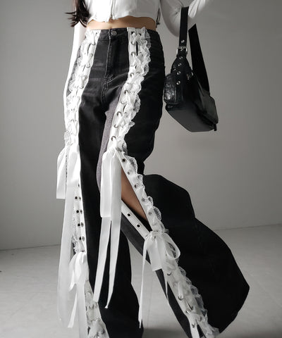 サテンリボンレースアップワイドデニムパンツ / satin ribbon lace up wide denim pants