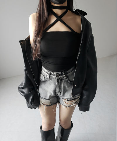 【 カップ付 】ロングチョーカークロスネックキャミソール / long choker cross neck camisole
