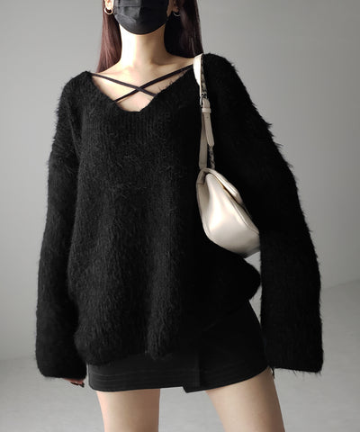 クロスストラップカットアウトルーズシャギーニット