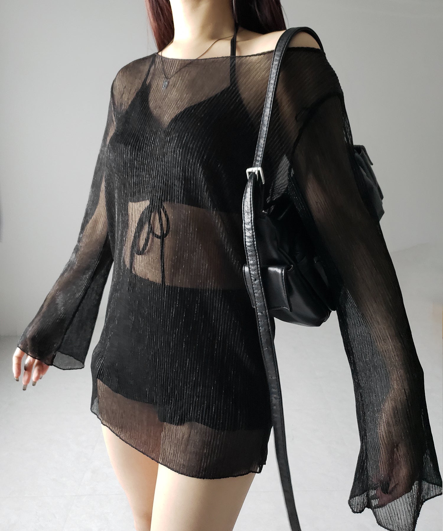 【 レディース水着/3点セット 】シアートップス付き フロントリボンホルターネックハイウエストビキニ / sheer tops set front ribbon halter neck high waist bikini