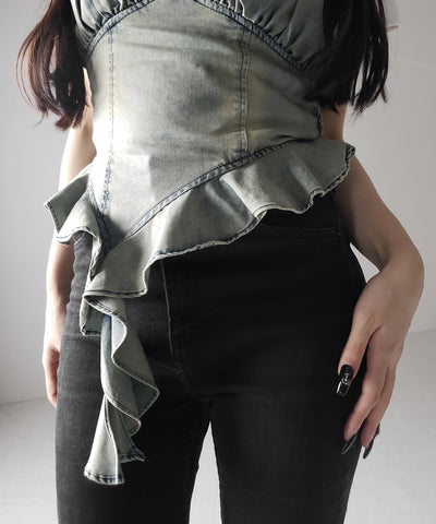 【 2点セット 】ヴィンテージデニムビスチェ & 半袖レイヤードTシャツセット / vintage denim bustier & short sleeve layered T-shirts set