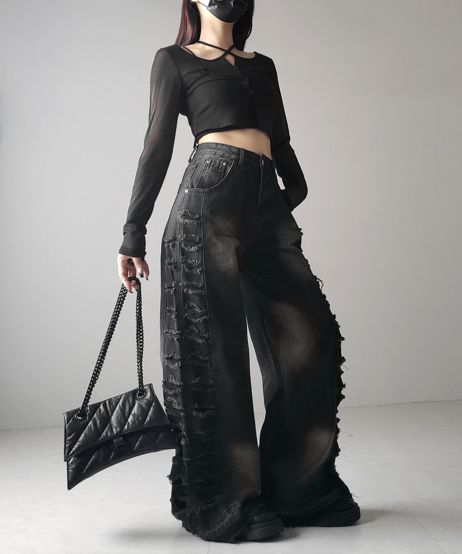 ヘビークラッシュサイドダメージブラックヴィンテージデニム / heavy crush side damage black vintage denim