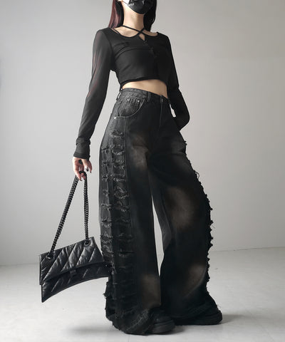 ヘビークラッシュサイドダメージブラックヴィンテージデニム / heavy crush side damage black vintage denim