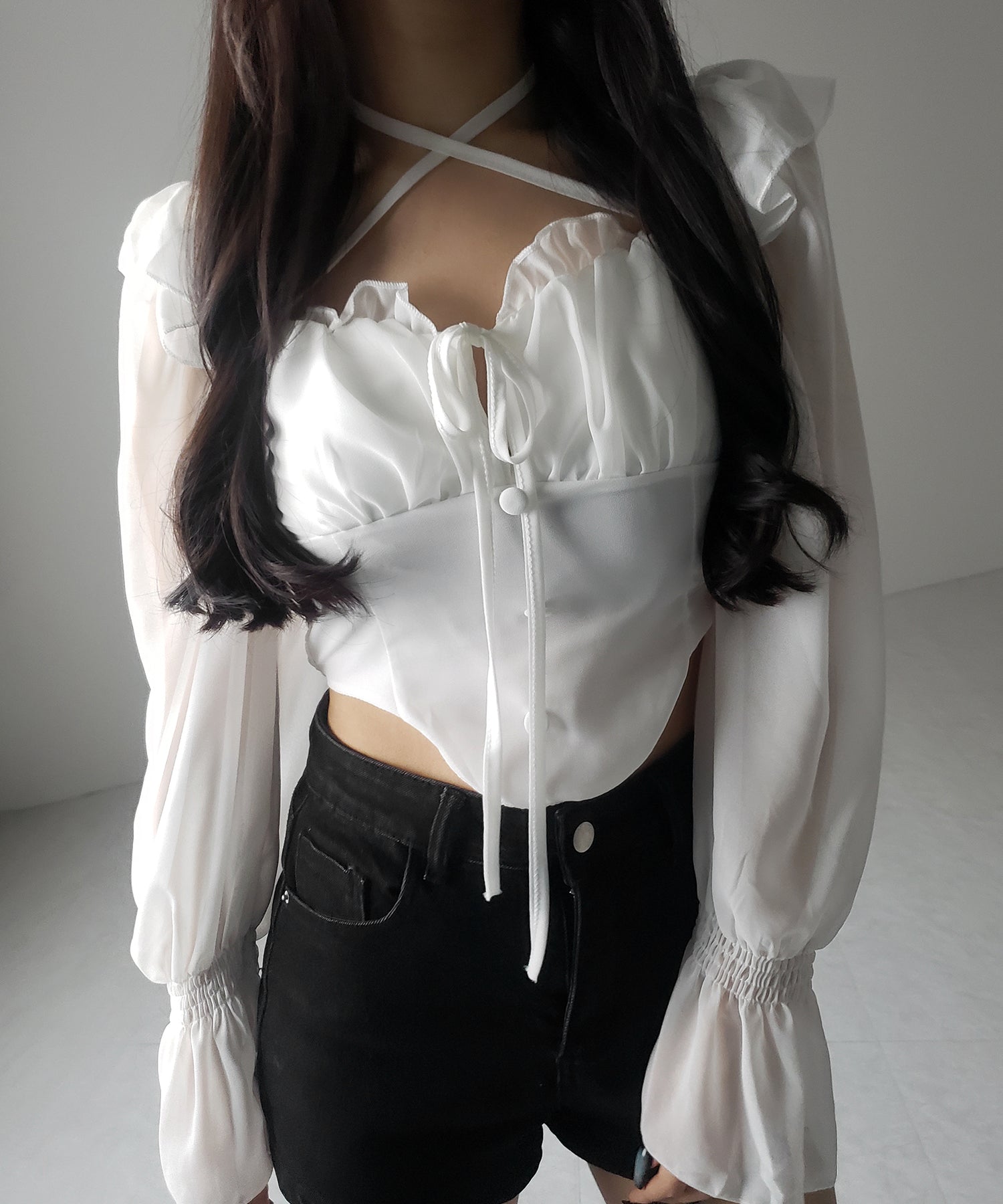 【 2WAY 】フロントリボンクロスネックオフショルシフォンブラウス / front ribbon cross neck off-shoulder chiffon blouse