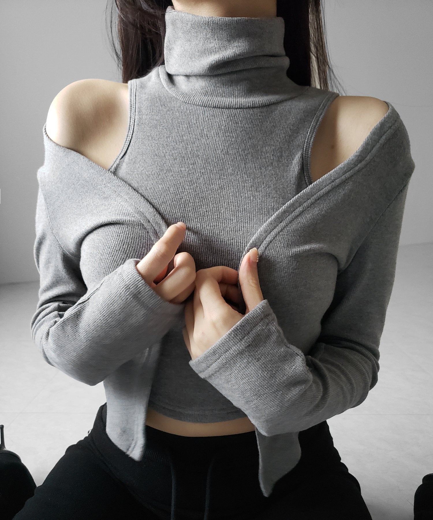 【 裏微起毛 / 2点セット 】ハイネックノースリーブトップス + ショートカーディガン SET / high neck nosleeve tops + short cardigan SET