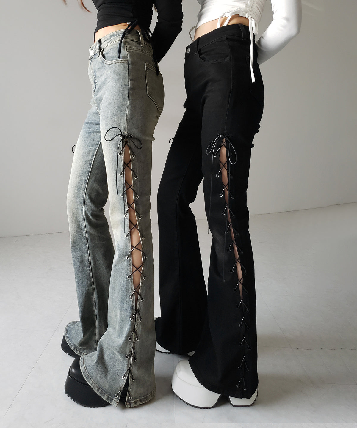 レースアップカットアウトストレッチフレアデニム / lace up cutout stretch flare denim