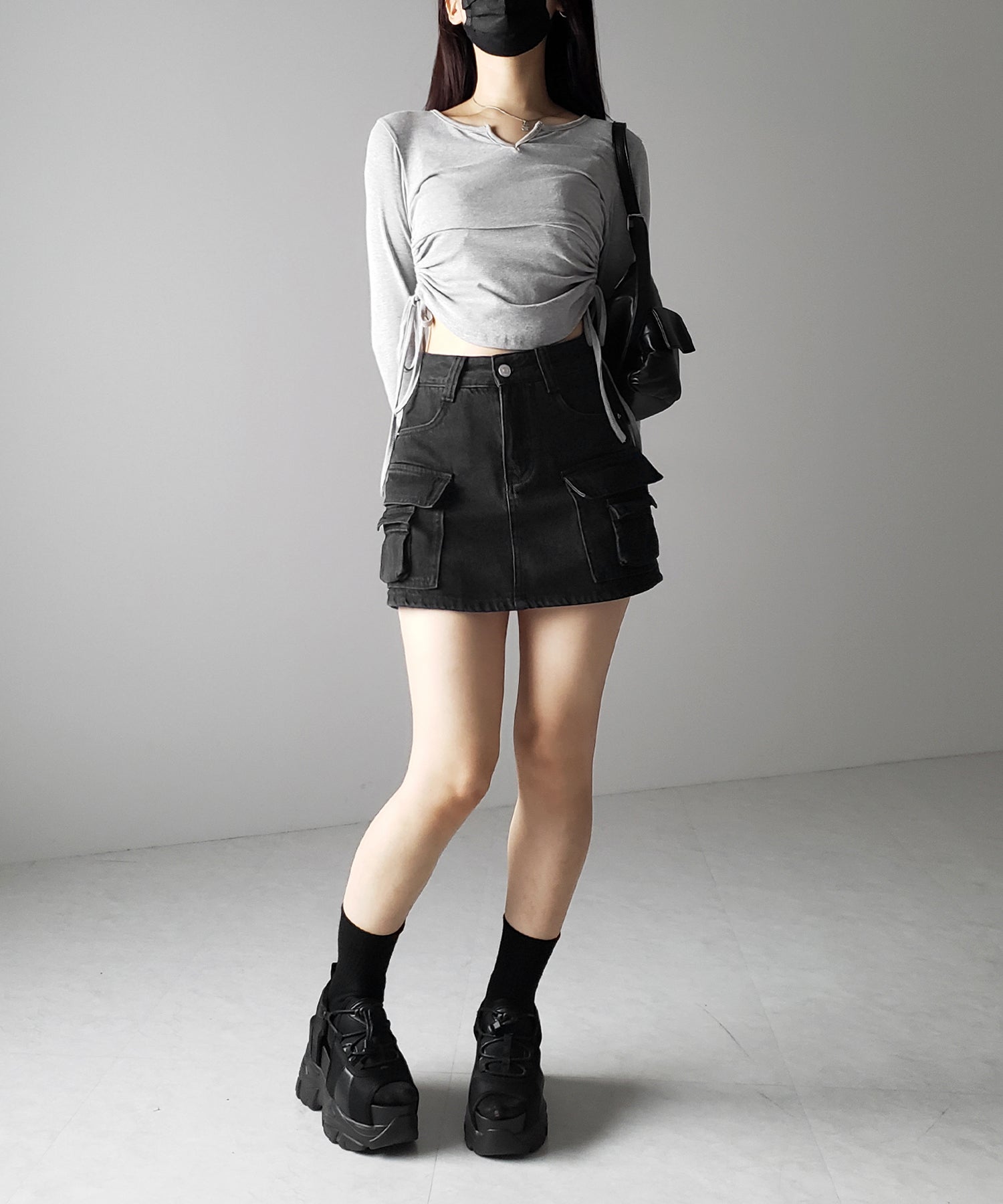 【 3size / 2color 】ダブルポケットヴィンテージカーゴデニムミニスカパン / double pocket vintage cargo denim mini skirt pants