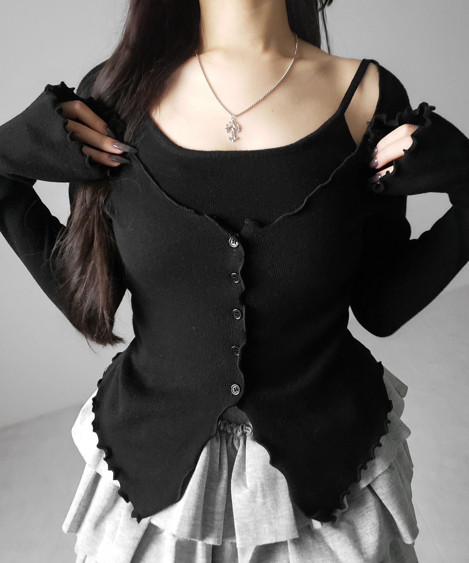 レイヤード風メロースリムニットカーディガン / layered mellow slim knit cardigan