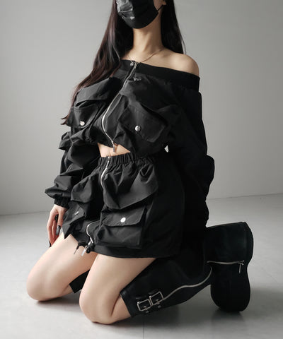 【 セットアップ 】アウトポケットオフショルカーゴブルゾン & ダブルジップカーゴミニスカート SET / out pocket off shoulder cargo blouson & double zip cargo mini skirt SET
