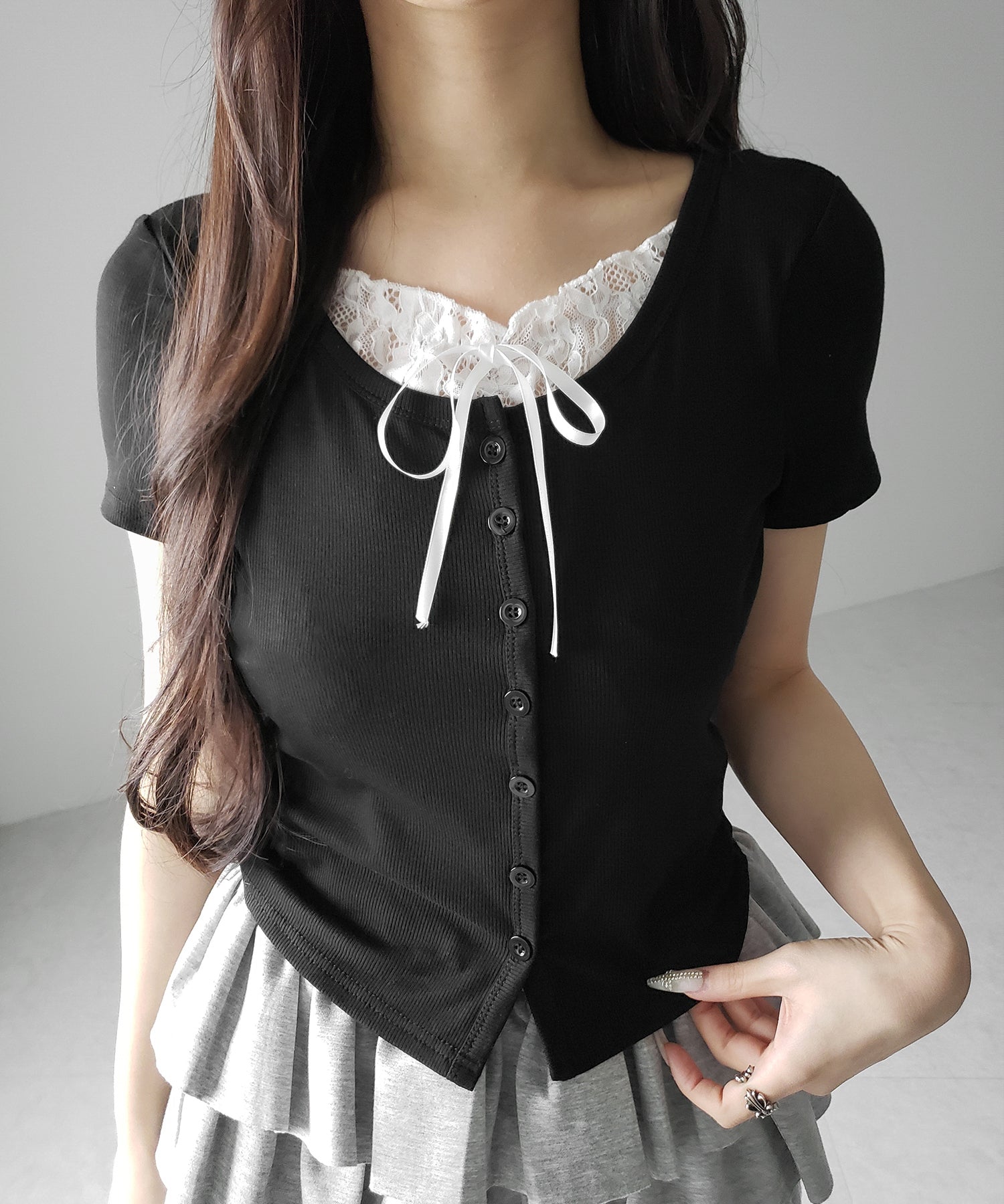 フロントリボンレースレイヤード半袖リブトップス /front ribbon lace layered short sleeve rib tops