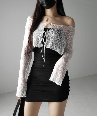 ダブルストラップリボンショートレースカーディガン /double strap ribbon short lace cardigan