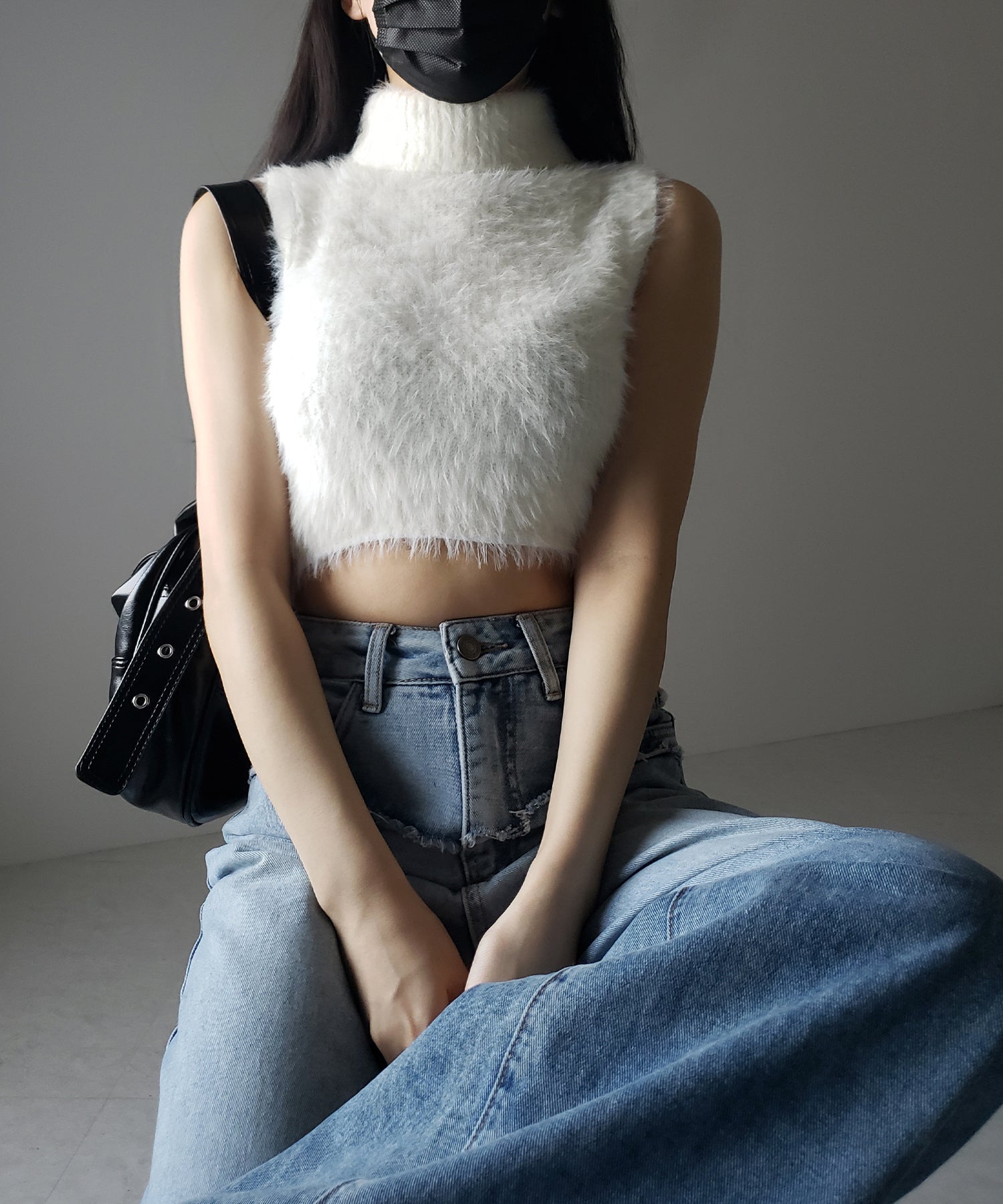 【 3color 】タートルネックショートシャギーノースリニットトップス / turtleneck short shaggy nosleeve knit tops