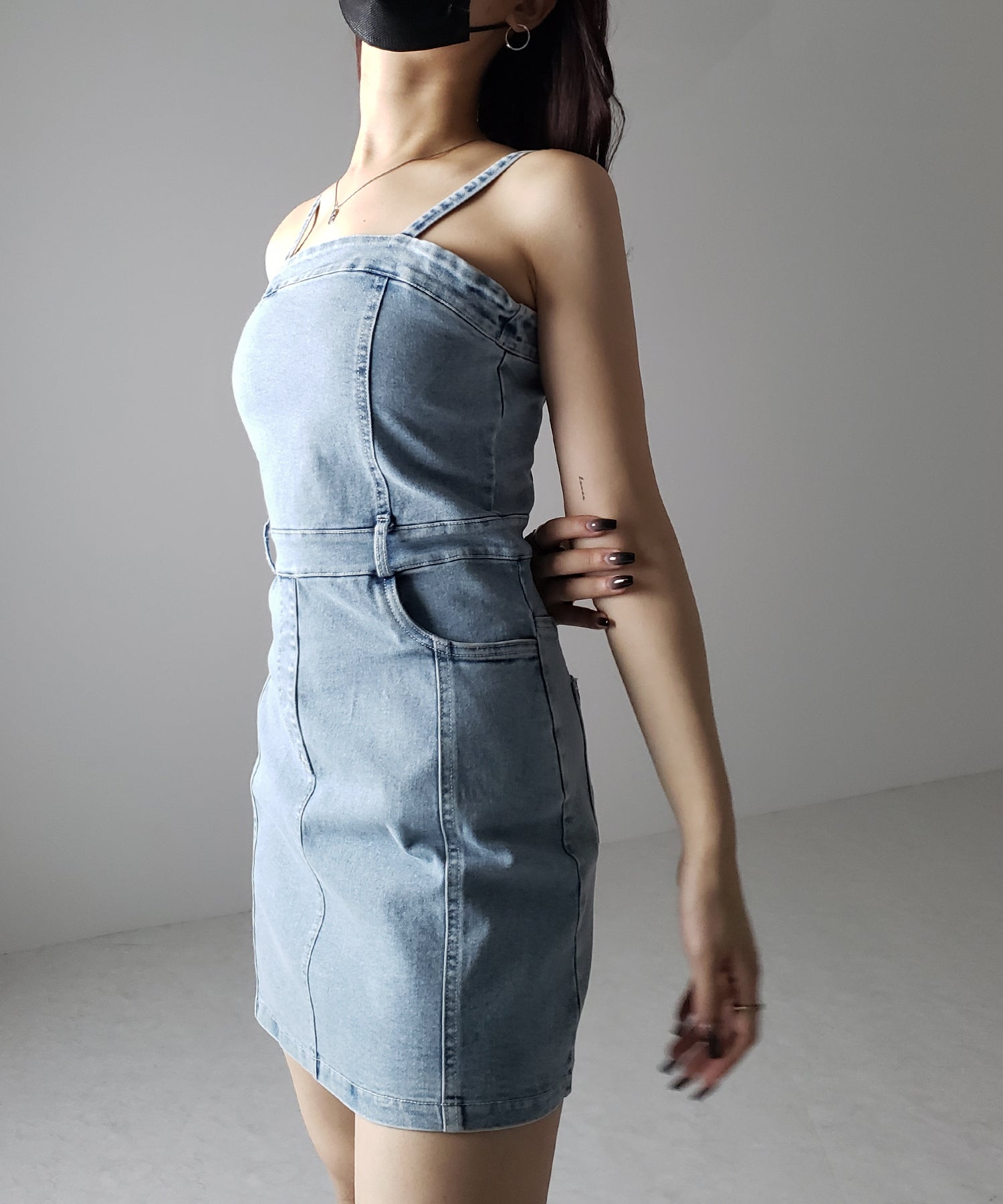 【 2color 】ウォッシュデニムハイウエストミニキャミワンピース / wash denim high waist mini cami onepiece