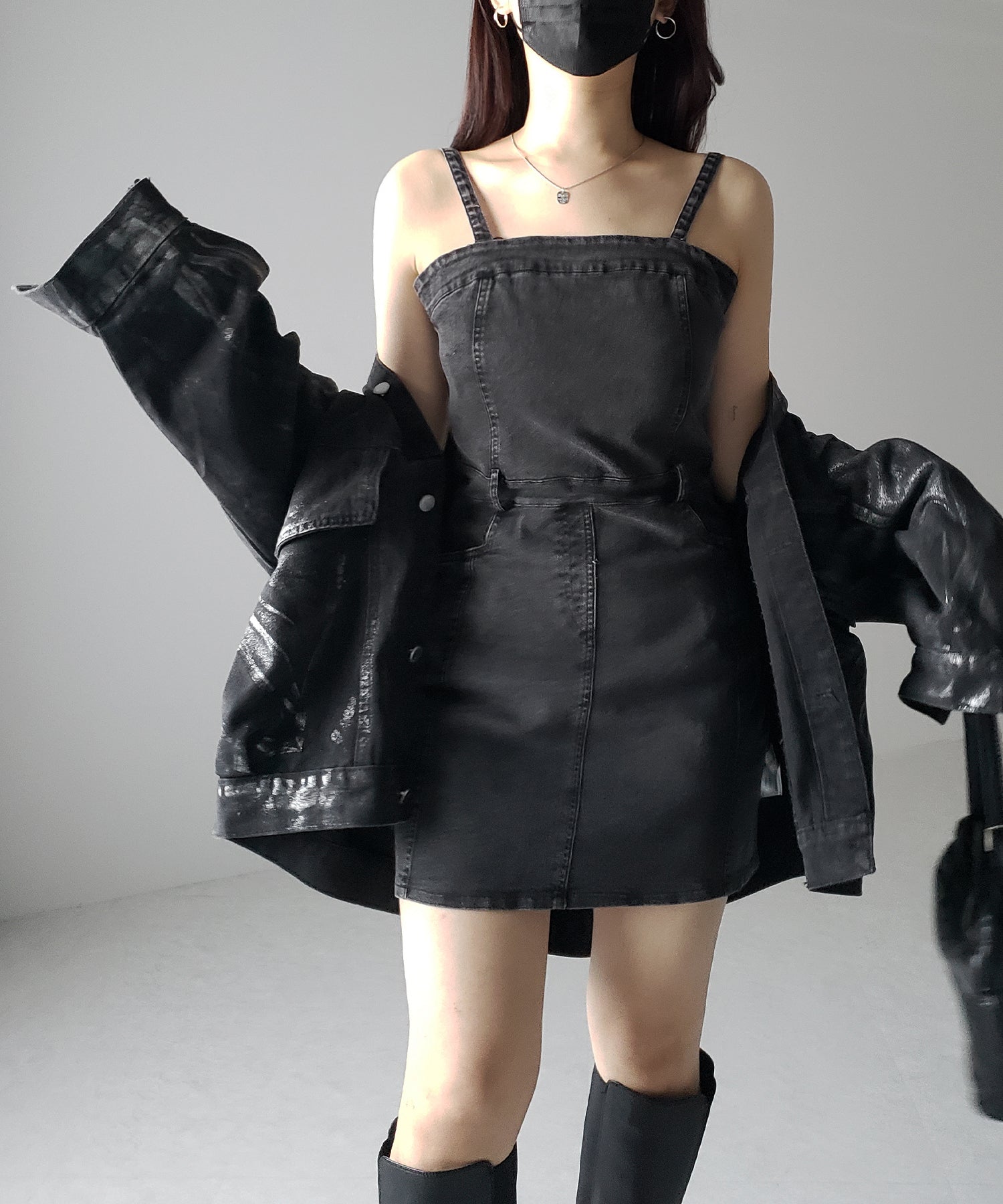 【 2color 】ウォッシュデニムハイウエストミニキャミワンピース / wash denim high waist mini cami onepiece