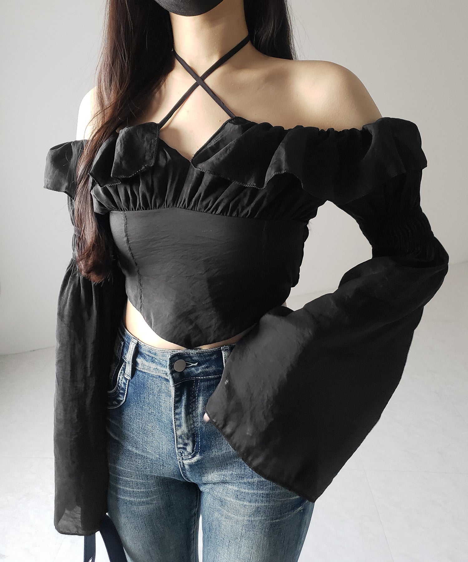 【3WAY 】チョーカーリボンフレアスリーブオフショルブラウス / choker ribbon flare sleeve off-shoulder blouse