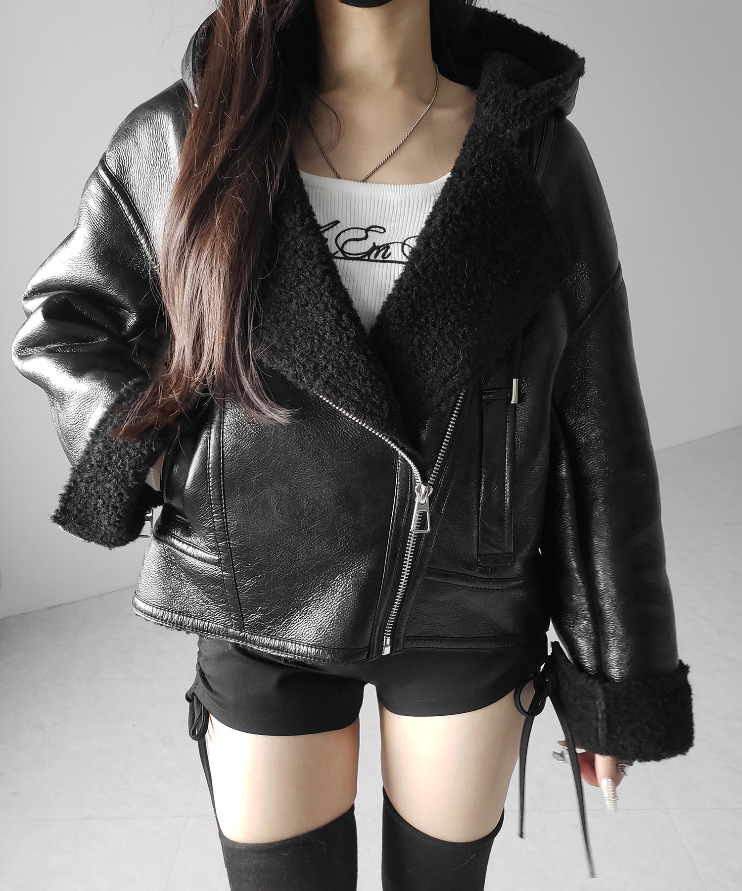 ヴィンテージレザーフーディボアムートンジャケット / vintage leather hoodie boa mouton jacket