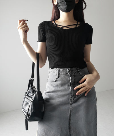 半袖クロスラインストラップデザインリブニット