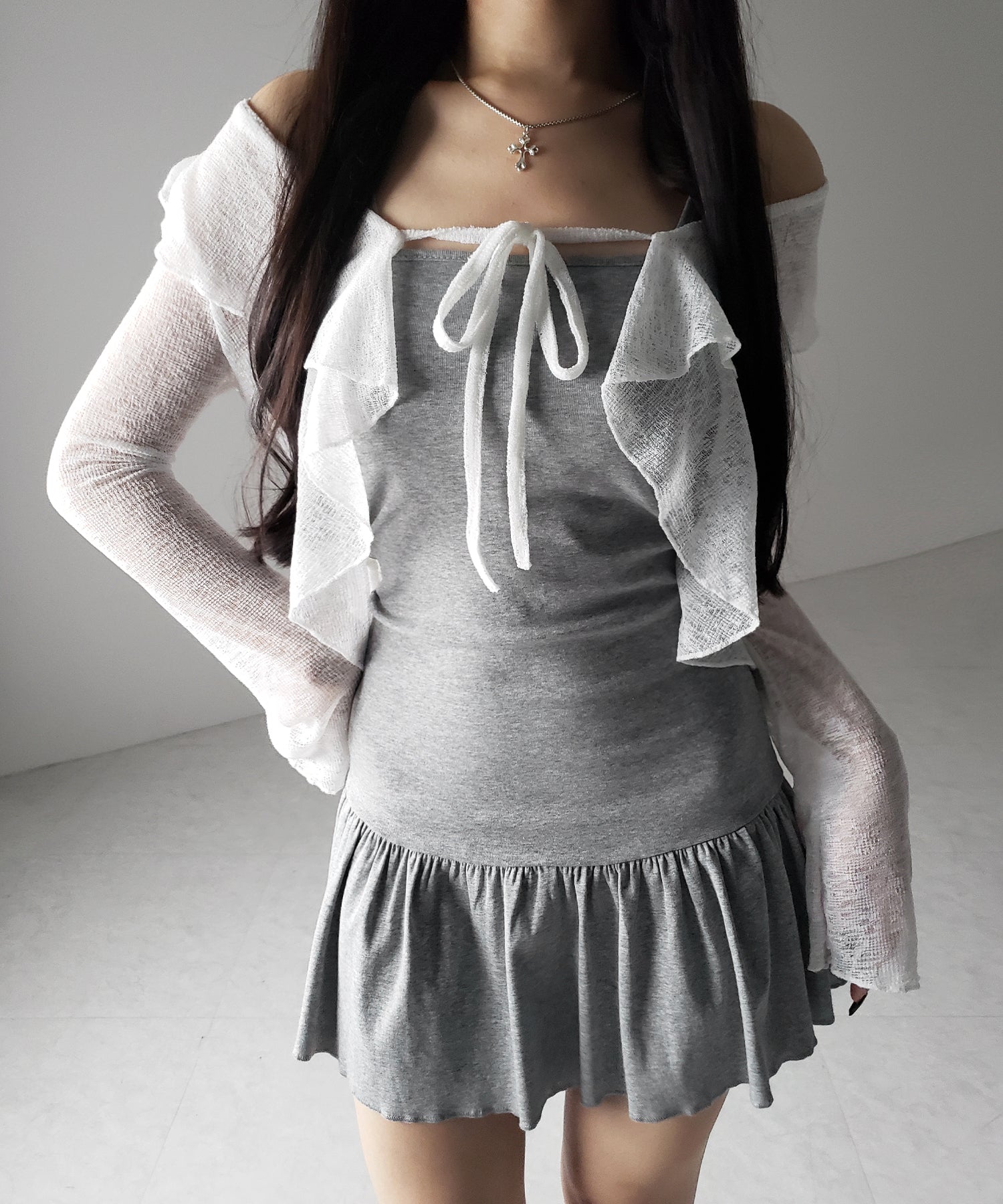 【 2点セット 】フレアキャミワンピ &シアーフリルリボンカーディガン ワンホンセットアップ / flare camisole onepiece & sheer frill ribbon cardigan wanghong SETUP