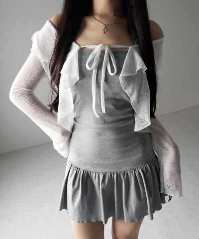 【 2点セット 】フレアキャミワンピ &シアーフリルリボンカーディガン ワンホンセットアップ / flare camisole onepiece & sheer frill ribbon cardigan wanghong SETUP