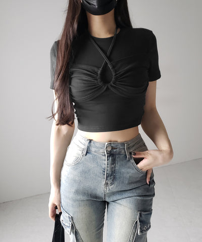 クロスネックレイヤードシャーリングTシャツ / cross neck layered shirring T-shirt