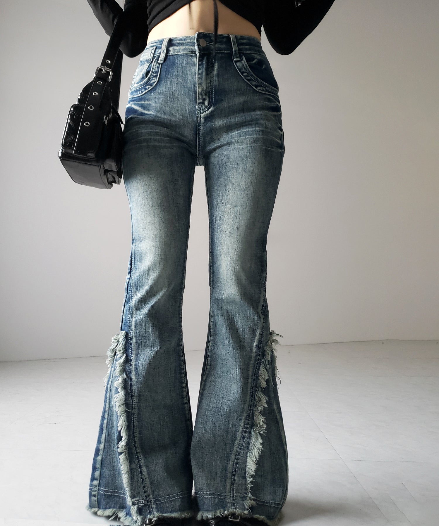 【 2color / 4size 】ヴィンテージライクフリンジストレッチフレアデニム / Vintage-like fringe stretch flare denim