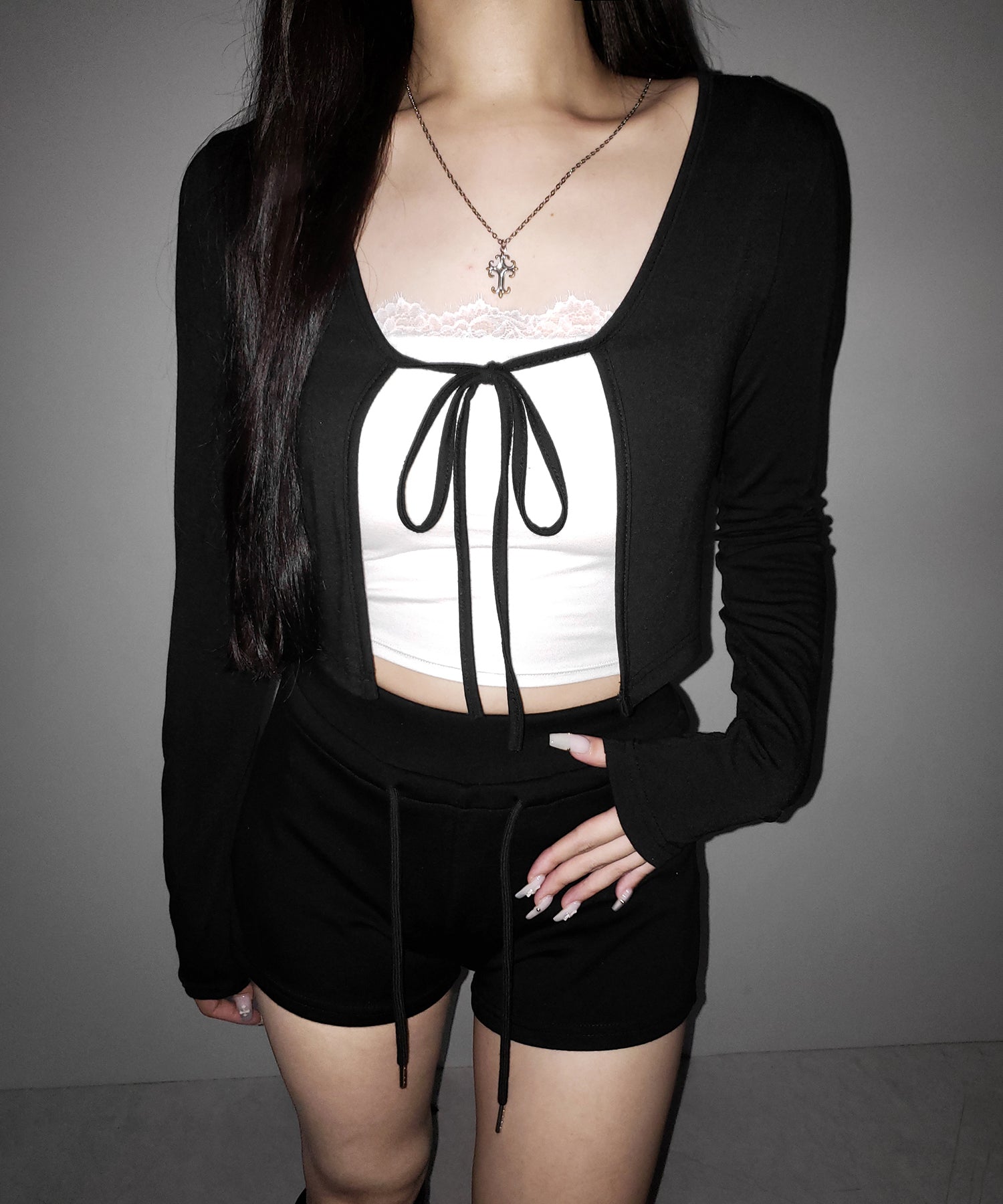 【 2color 】フロントリボンカットソーショートカーディガン / front ribbon cutsew short cardigan