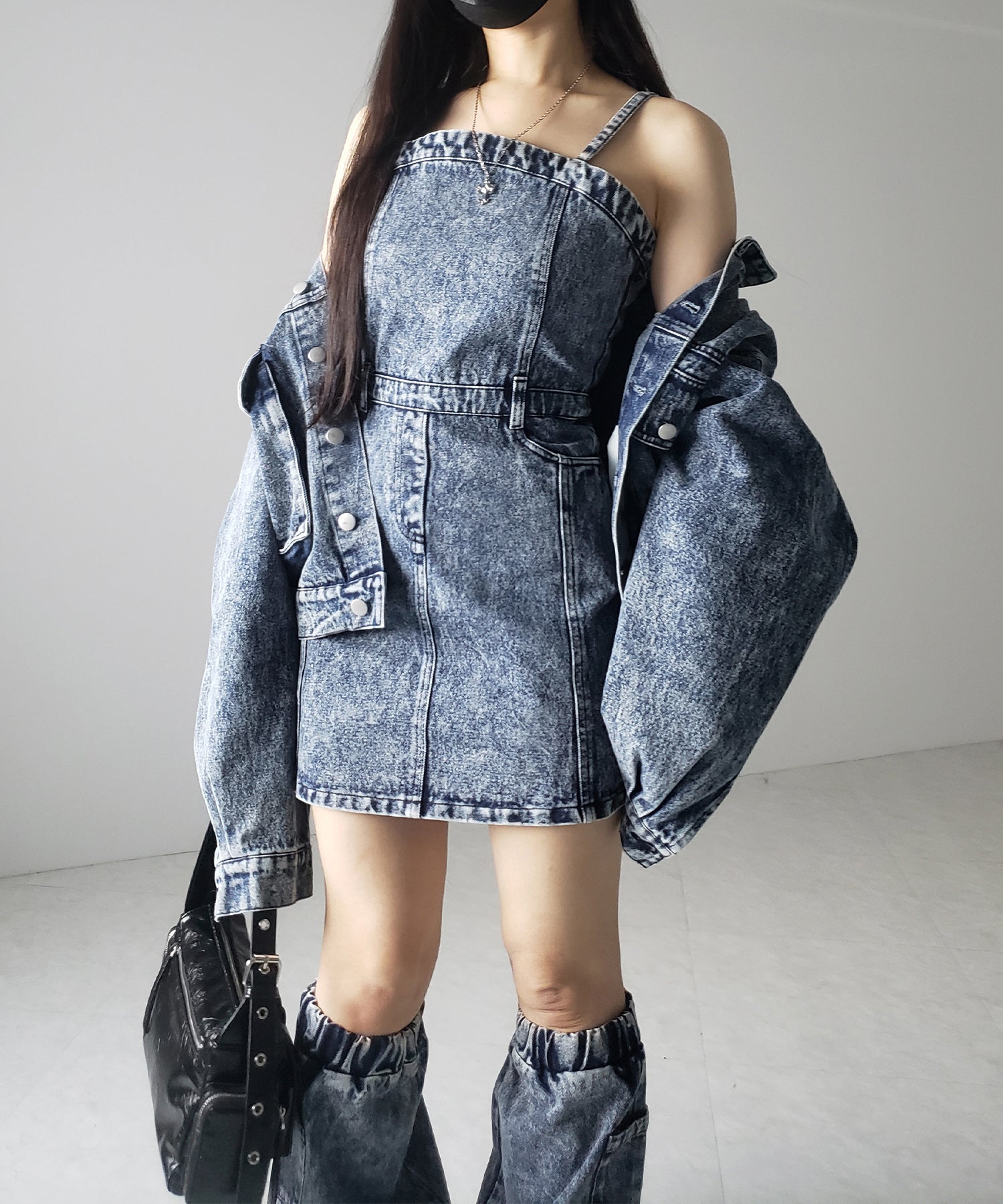 【 セットアップ着用可能 】ヴィンテージケミカルブリーチストラップデニムキャミワンピース / vintage chemical bleach strap denim cami onepiece
