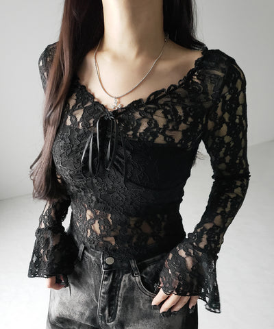 【2WAY 】フロントリボンオフショルスリムレーストップス / front ribbon off-shoulder slim lace tops
