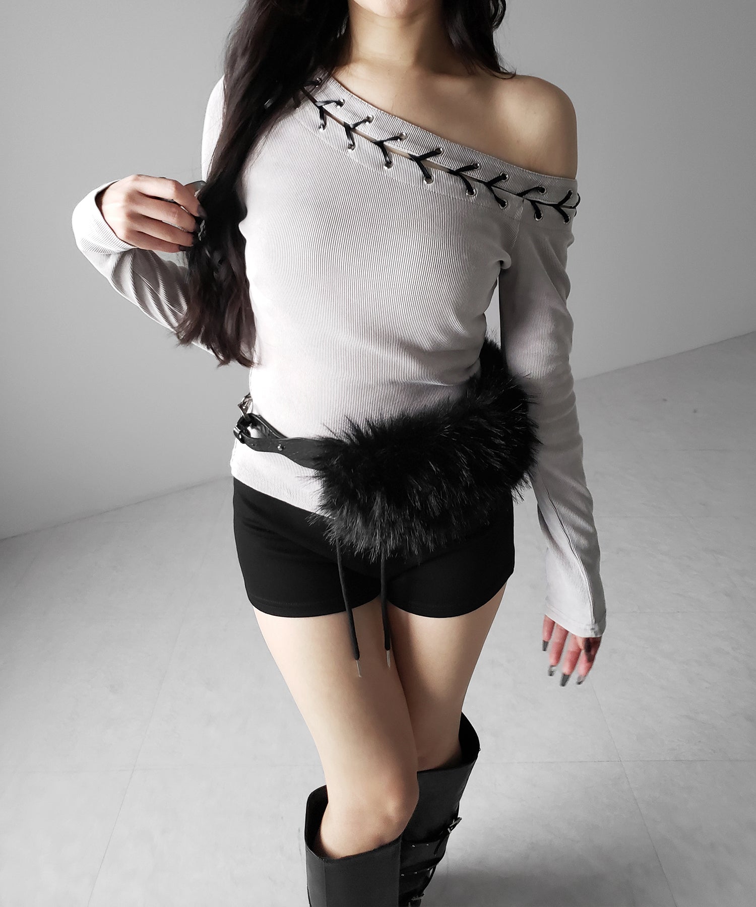 ヴィンテージカットアウトレースアップワンショルリブトップス / vintage cutout laceup one shoulder lib tops