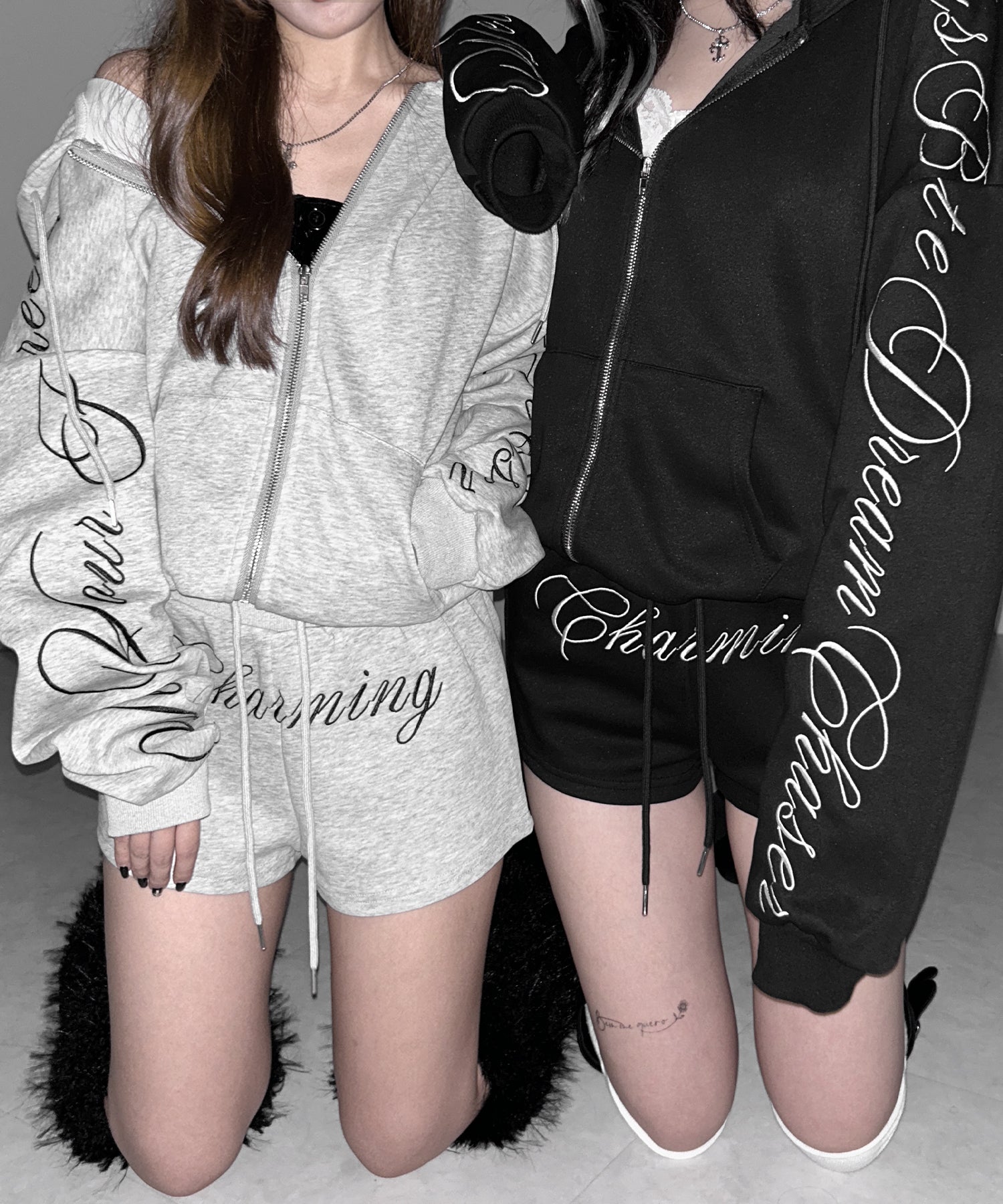 【 セットアップ 】レタリングロゴ刺繍ジップアップパーカー&ショートパンツ / lettering logo embroidery zip-up hoodie & short pants SETUP