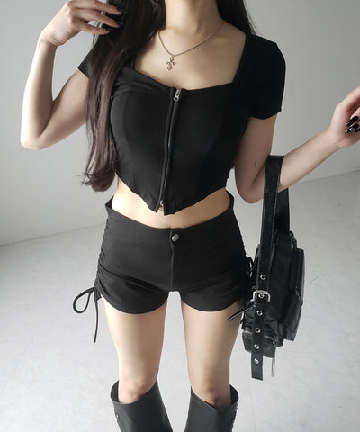 ダブルジップコルセットスクエアネックTシャツ / double zip corset square neck T-Shirt