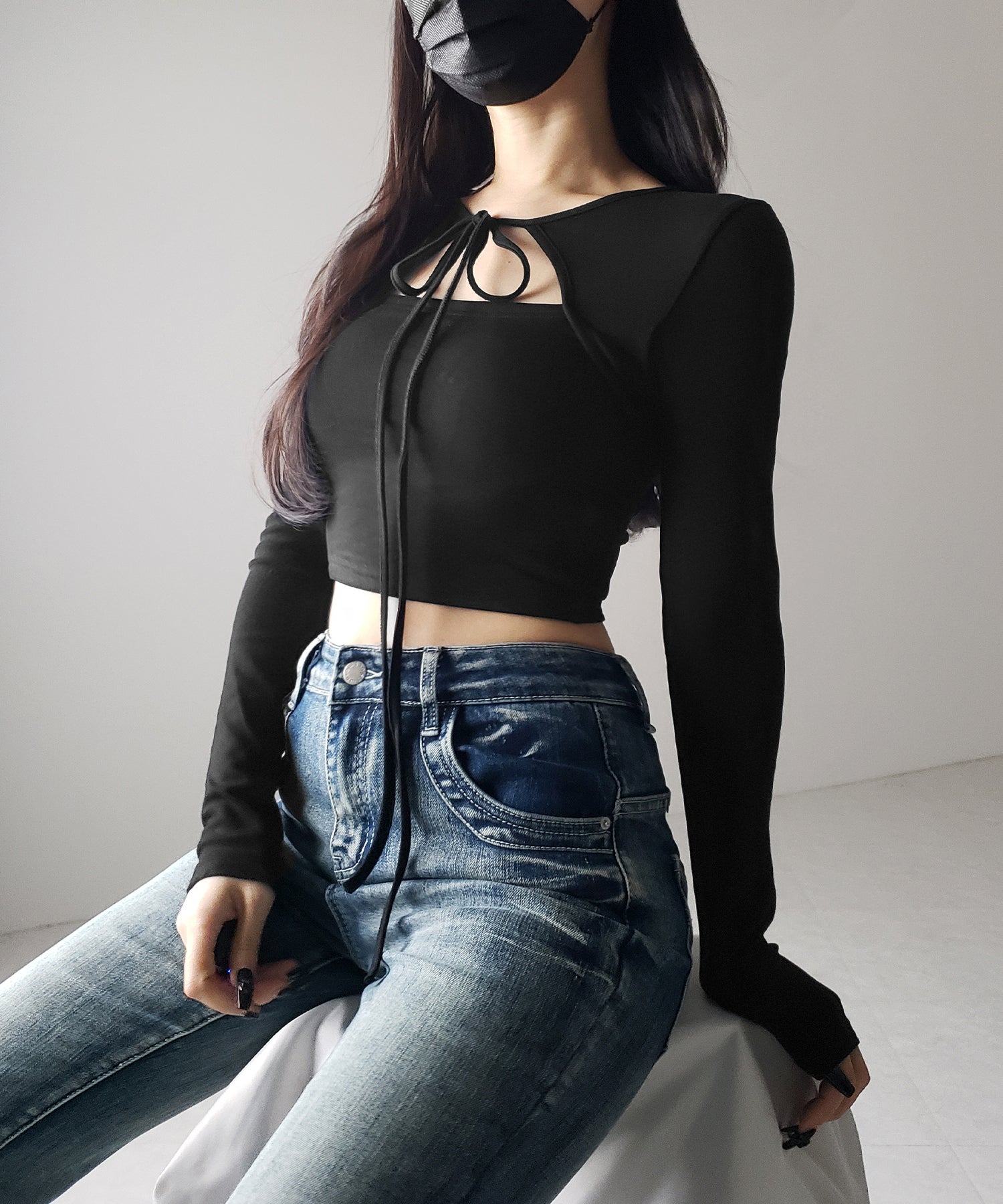 【 2WAY / 裏起毛 】フロントリボンカットアウトドッキングショートトップス / front ribbon cutout docking short tops