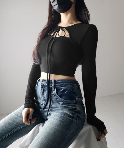 【 2WAY / 裏起毛 】フロントリボンカットアウトドッキングショートトップス / front ribbon cutout docking short tops