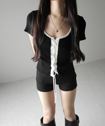半袖レースアップスリムニットトップス / short-sleeve lace up slim knit tops